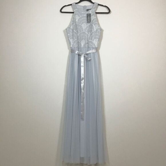NWT Cadalite petite grey silver thread sequin Japanese water pattern dress Sz PS - Picture 1 of 12